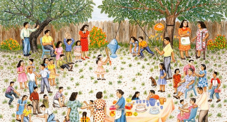 In a color lithograph depicting a birthday party, family and friends gather in a circle around a girl trying to hit a fish-shaped piñata