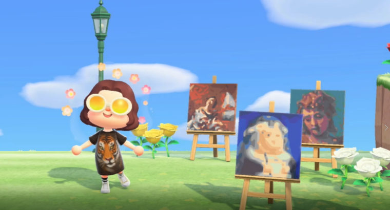 Screenshot from the Nintendo video game Animal Crossing New Horizons. A character shows off three pieces of art on display outside in the virtual game world. The pieces of art are virtual recreations of real life paintings. The paintings are; Simon Vouet's St. Cecilia, Fernando Botero's Santa Rosa de Lima según Vásquez and Paolo Veronese, Head of Saint Michael.