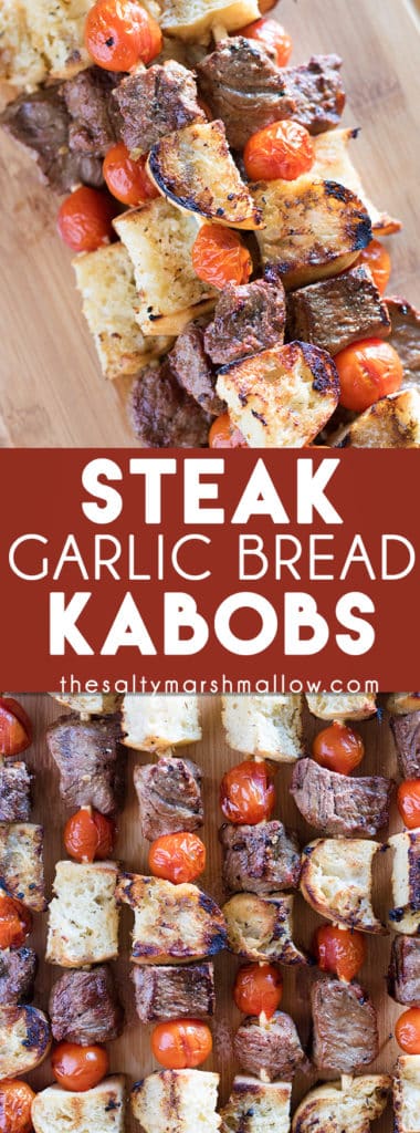 Steak & Garlic Bread Kabobs: These steak kabobs make for the best easy summer dinner on the grill! Healthy steak with the most amazing marinade, cubes of crusty grilled bread, and juicy tomatoes. These family and kid friendly kabobs are a weeknight favorite.