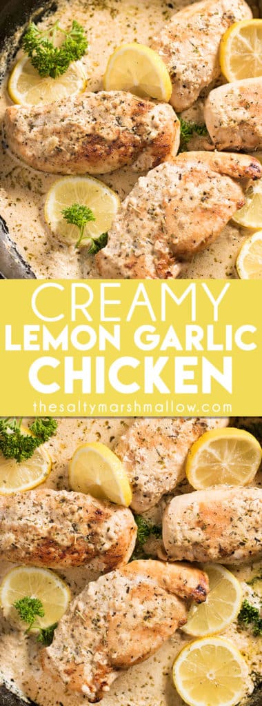 Creamy Lemon Garlic Chicken is an easy one pot recipe you can make with chicken breasts or thighs! This chicken recipe makes for the best easy weeknight dinner with only 20 minutes from skillet to table, and the best cream sauce packed with lemon and garlic flavor.
