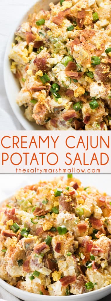 Creamy Cajun Potato Salad: An easy recipe for a creamy, southern style potato salad that's loaded with flavor from redskin potatoes, bacon, spicy mustard, eggs, dill pickle relish, green onion and cajun seasoning.