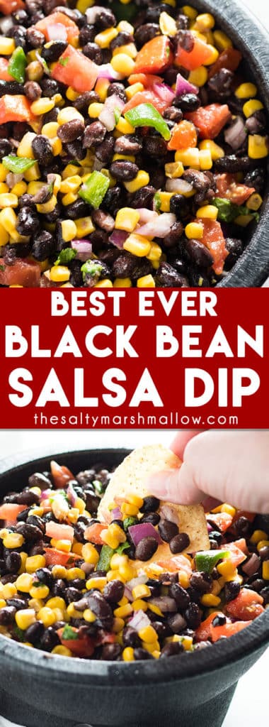 Black Bean Salsa: Easy to make black bean salsa dip with corn! This healthy black bean Mexican salsa recipe tastes super fresh and is great served with grilled chicken or tacos!