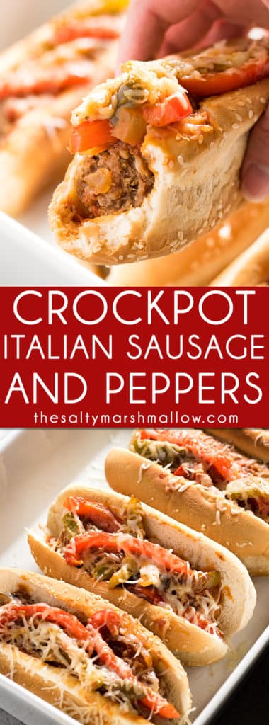 Crockpot Sausage and Peppers: This Italian sausage and peppers is one of my favorite, easy, crockpot dinner recipes that the whole family will love! The best sausage and peppers simmered in marinara sauce right in the slow cooker, perfect for sausage and pepper sandwiches or served over pasta!