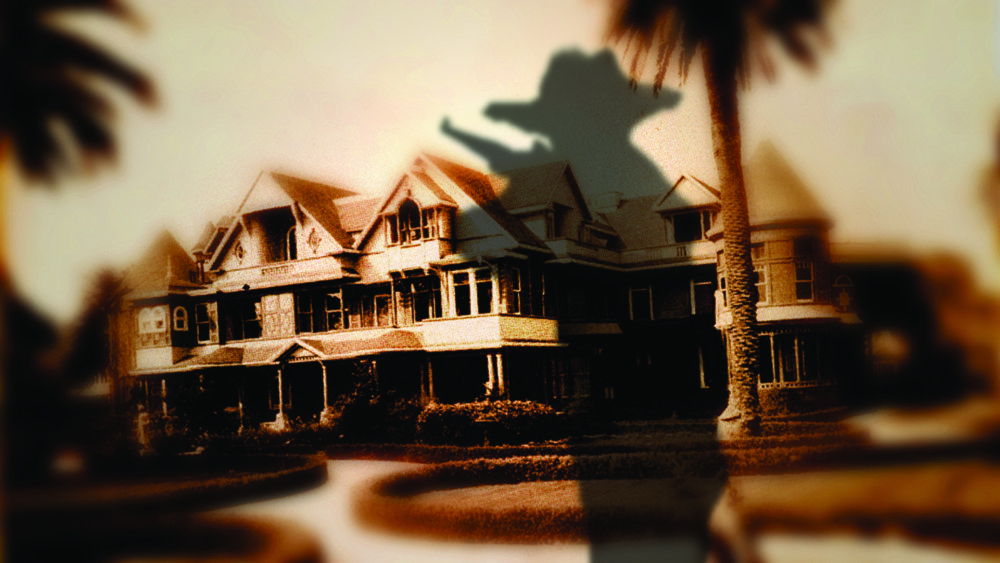 Jeremy Blake, "Winchester (still)," from the series "Winchester," 2002. The world famous "Winchester House" is shown in sepia. A black silhouette of a figure holding the Winchester Rifle covers half of the house like a shadow.