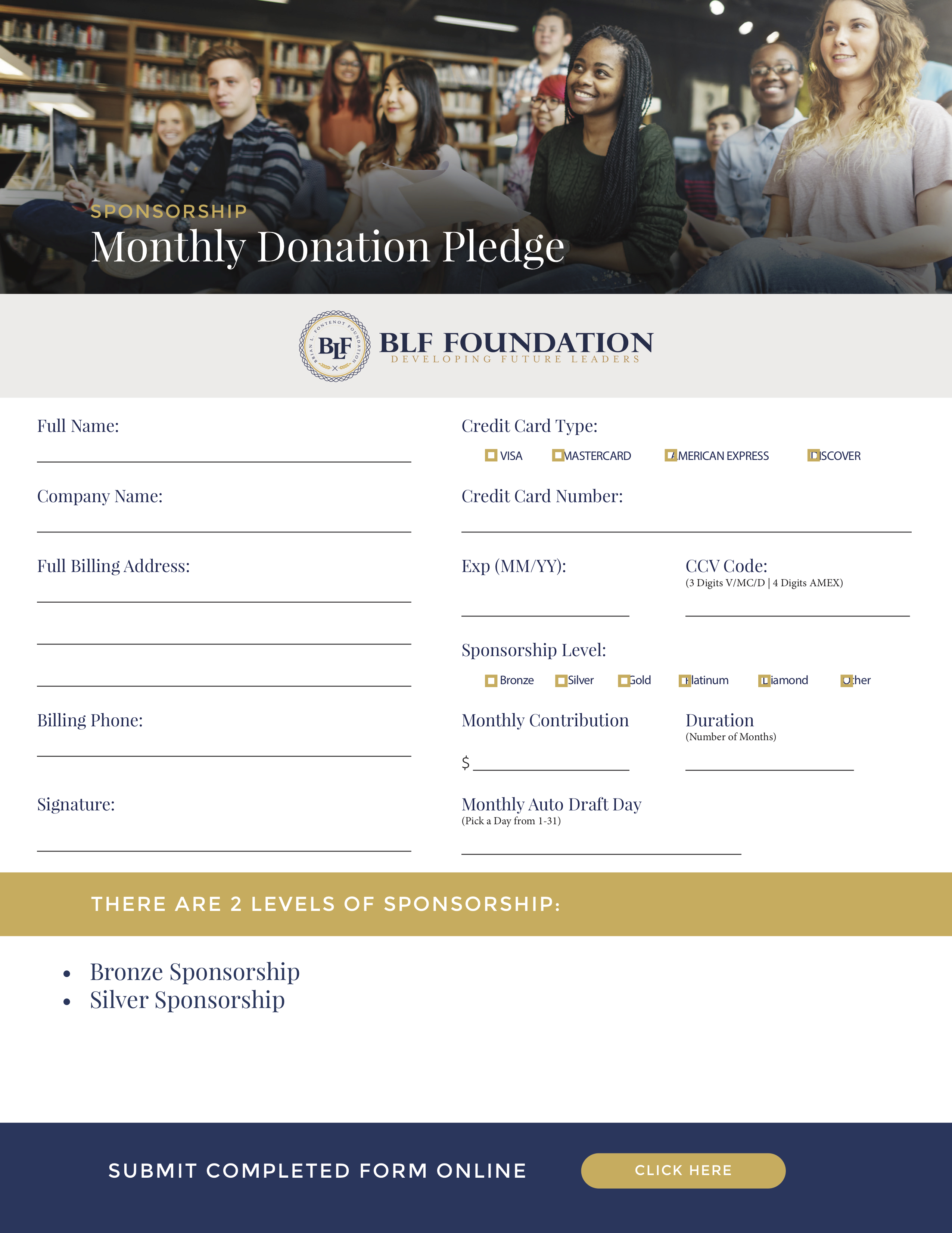 donate monthly to become a sponsor for the blf foundation