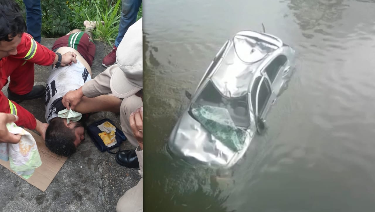 Motorista de app perde controle e cai com carro dentro de igarapé em Manaus