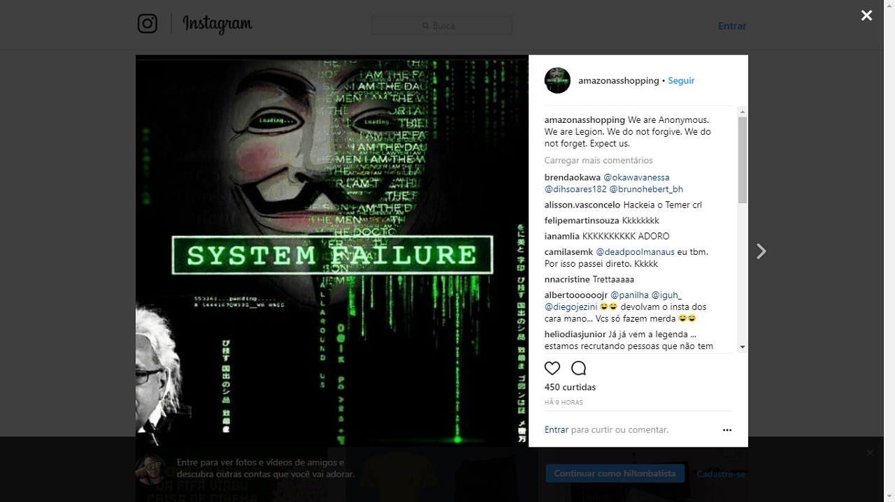Instagram de Shopping é hackeado pelo Anonymous
