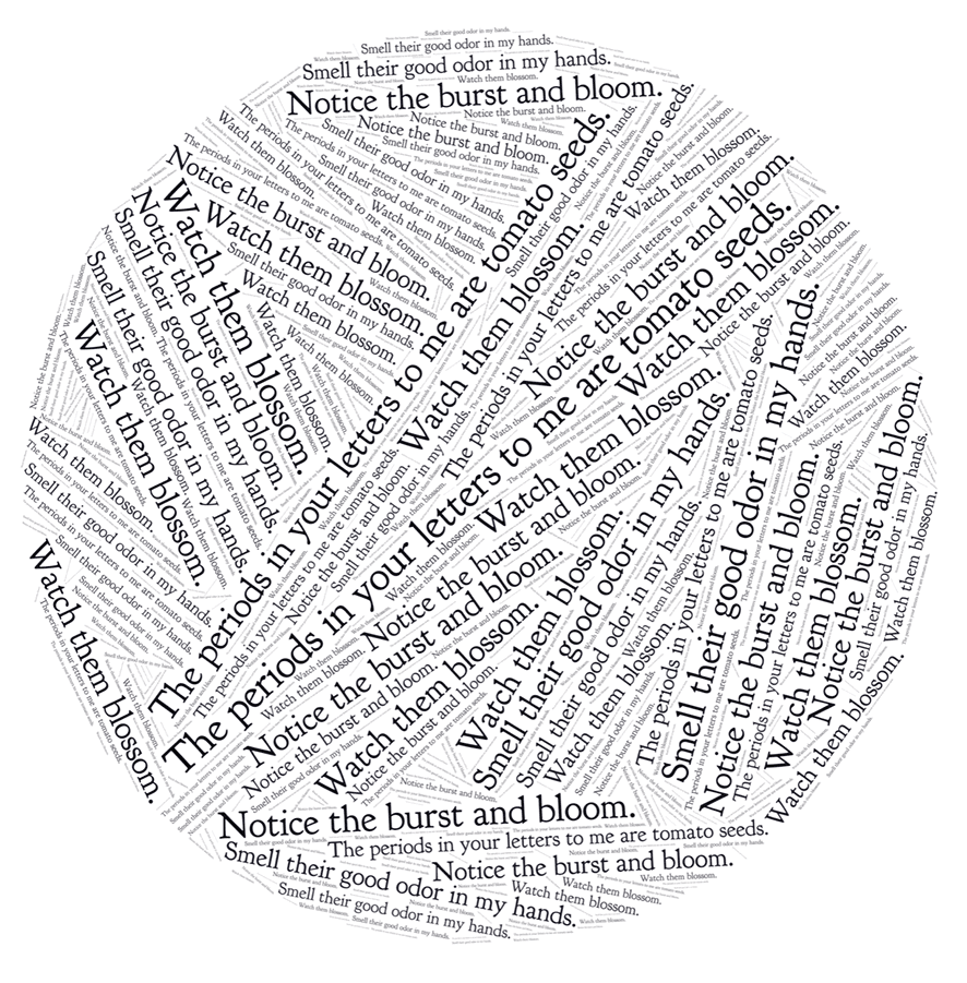 A round image shows various sizes of paper strips piled together each containing one of the following phrases: 'The periods in your letters to me are tomato seeds. • Watch them blossom. • Notice the burst and bloom. • Smell their good odor in my hands. • Smell their good odor in my hands.'