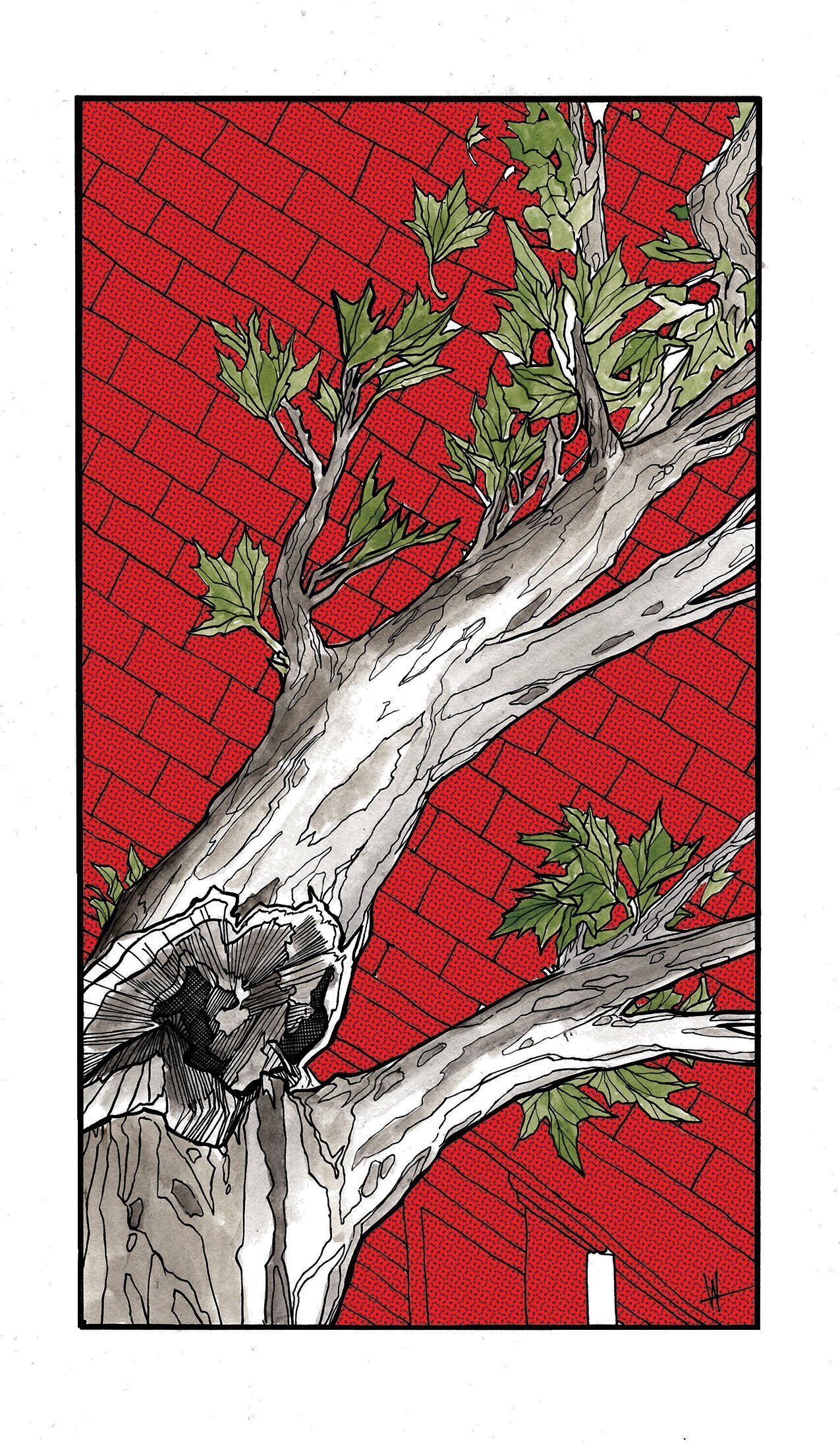 Illustration of a tree with some green leaves that has cracked with a bright red brick building behind it