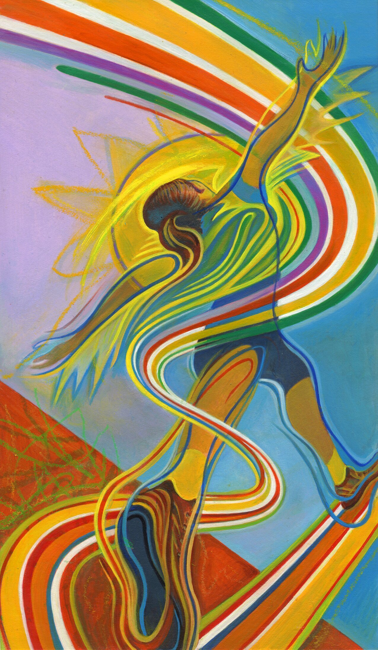 Colorful illustration of a young person with outstretched hands and a rainbow path swirling around them.