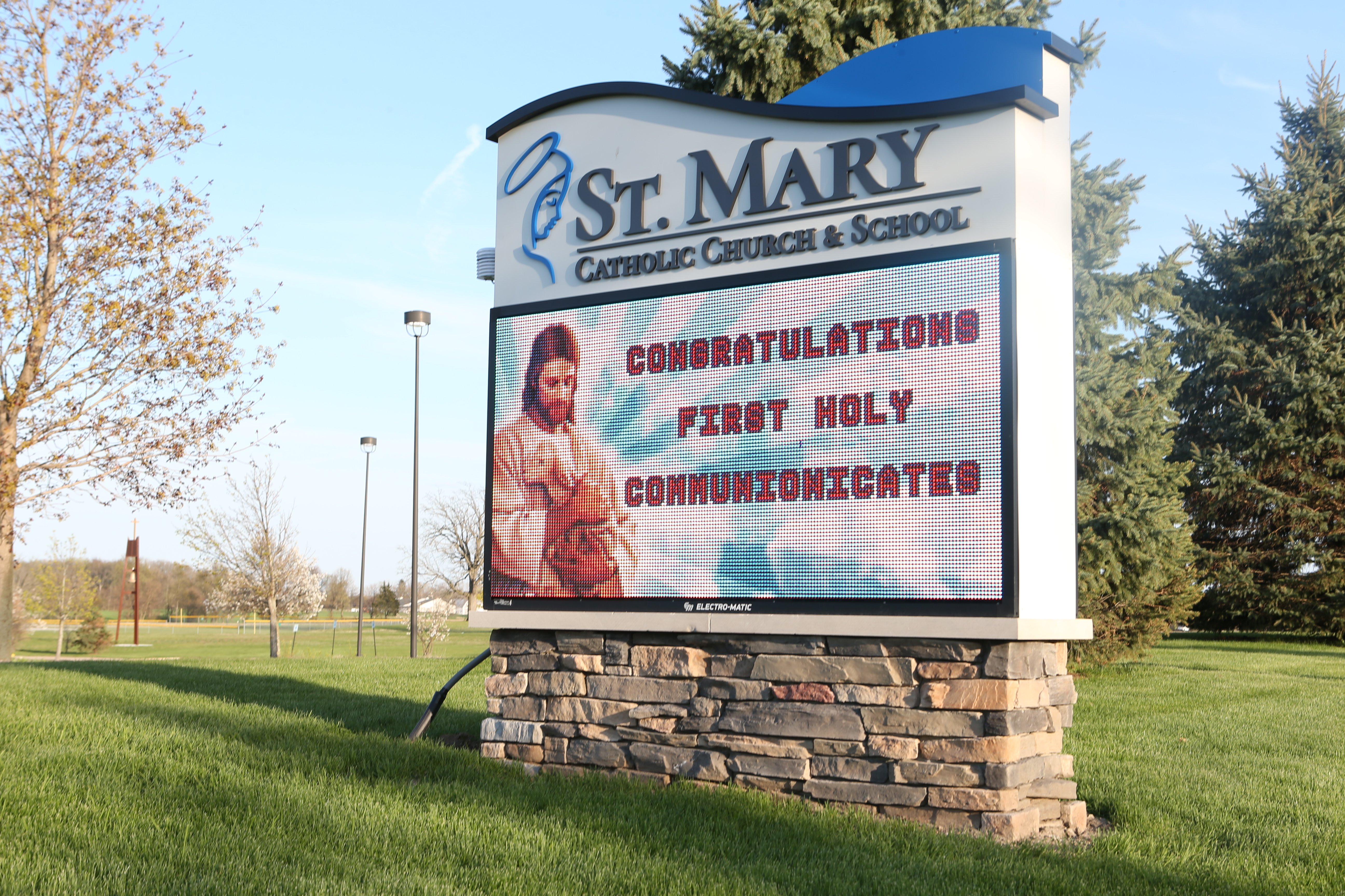 St. Mary's celebratory messaging on LED display