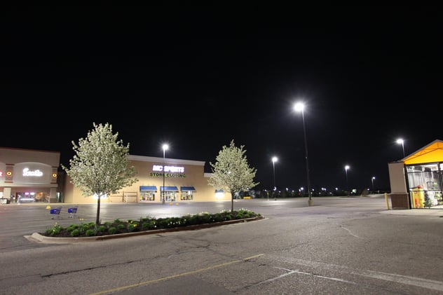 Parking lot lights at MC Sports clothing store