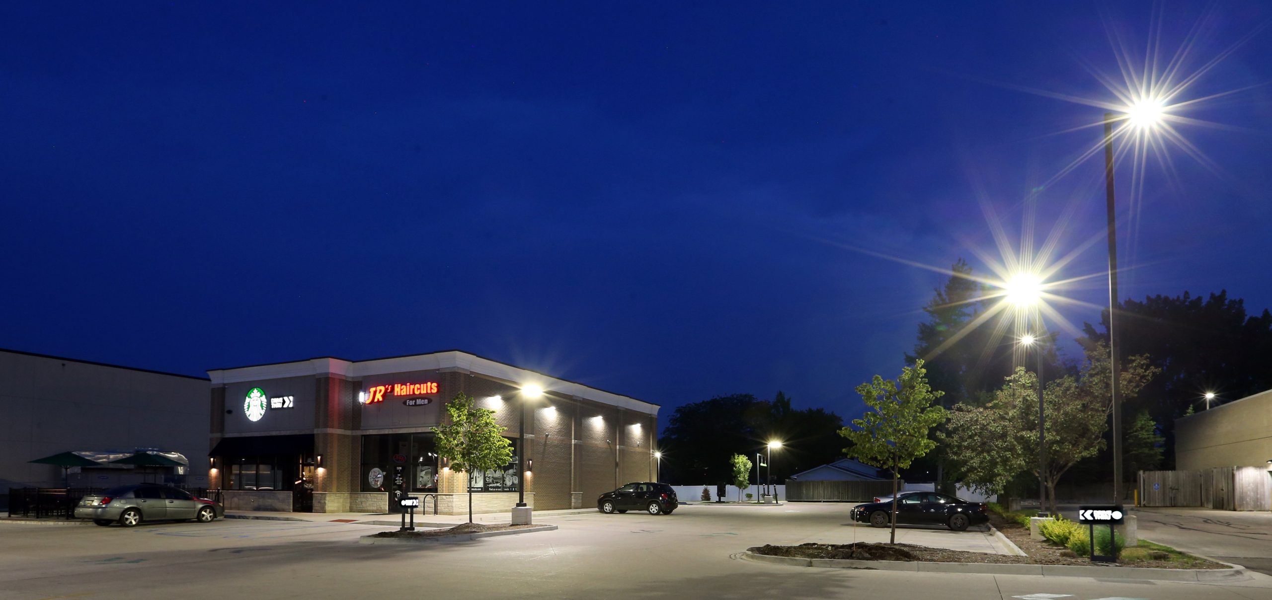 LED lights in parking lot of starbucks