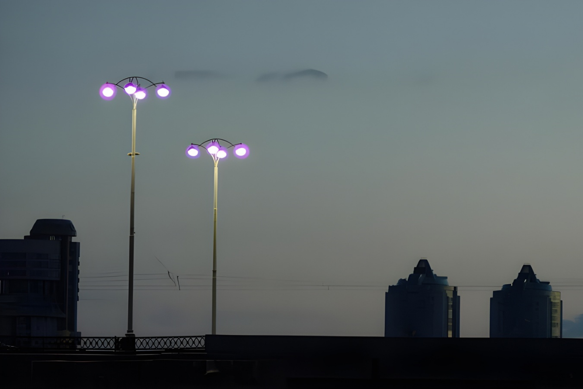 two purple lanterns are-lit-in-the-evening-evening-city-video