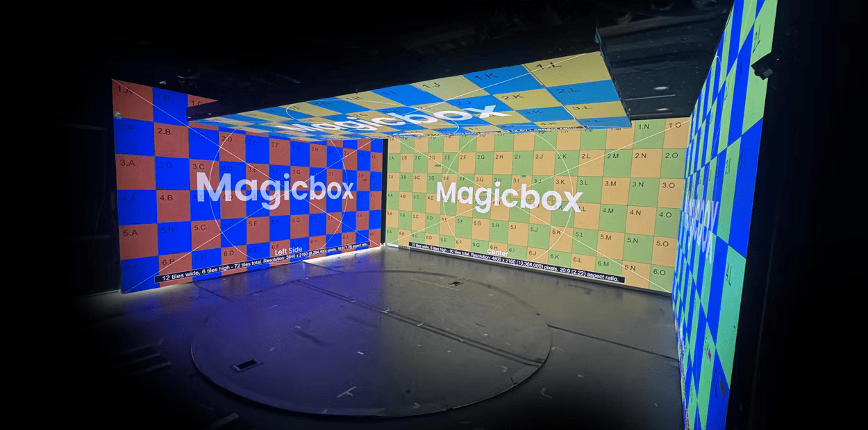 Colorful squares on LED screens in Magicbox trailer