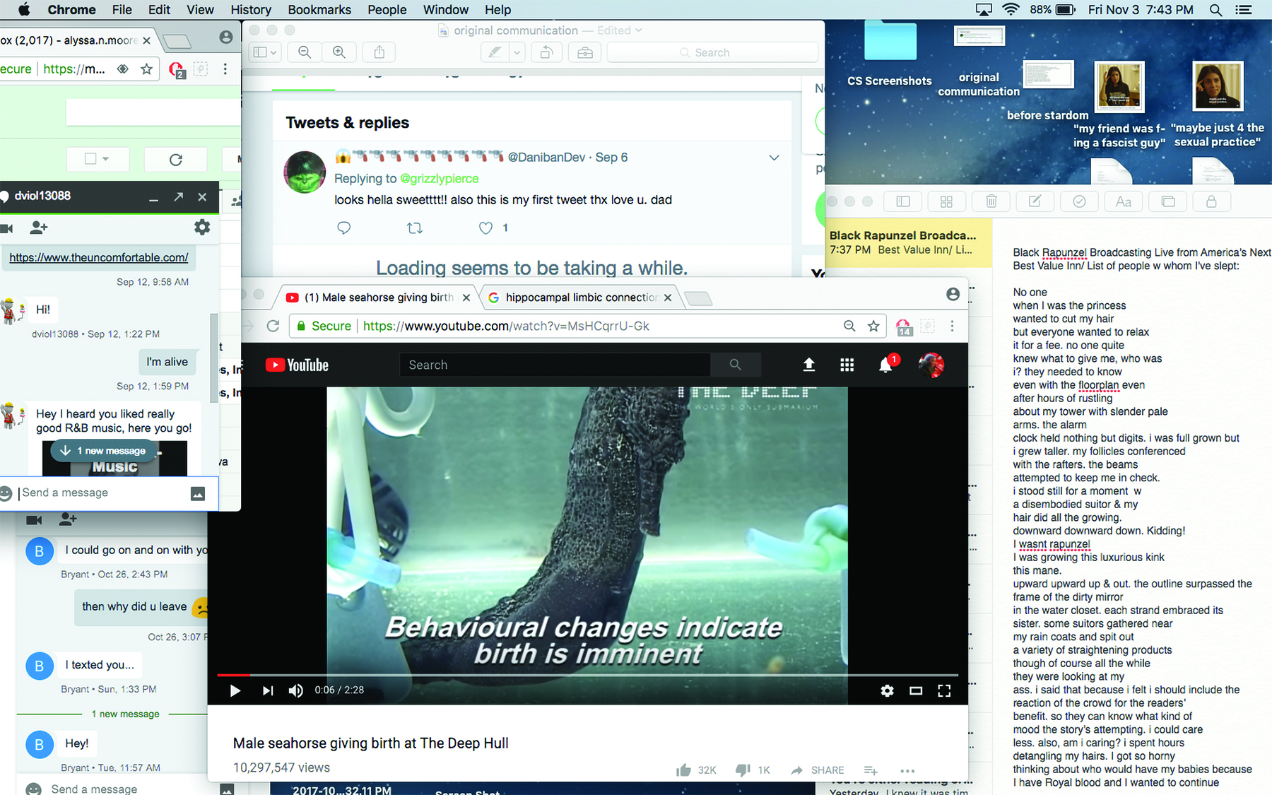 A screenshot of a computer desktop with multiple windows open from YouTube, notes, word processors, Twitter, and Google chat.