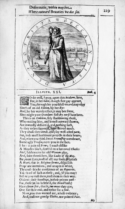 A page from George Wither's A Collection of Emblems that shows a noblewoman peering into a handheld mirror.
