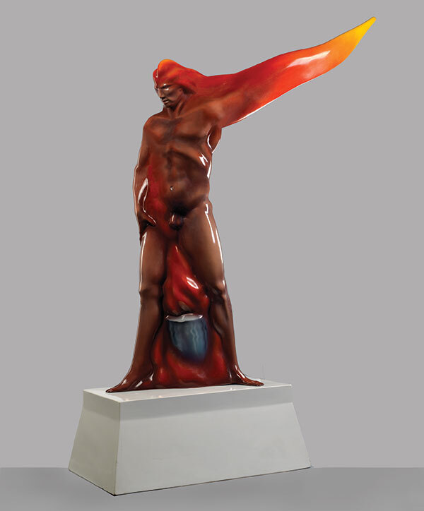 Photo of Man on Fire sculpture by Luis Jiménez, 1969, fiberglass in acrylic urethane resin on painted wood fiberboard base