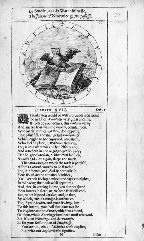 A page from George Wither's A Collection of Emblems that shows an owl perched atop an open book.