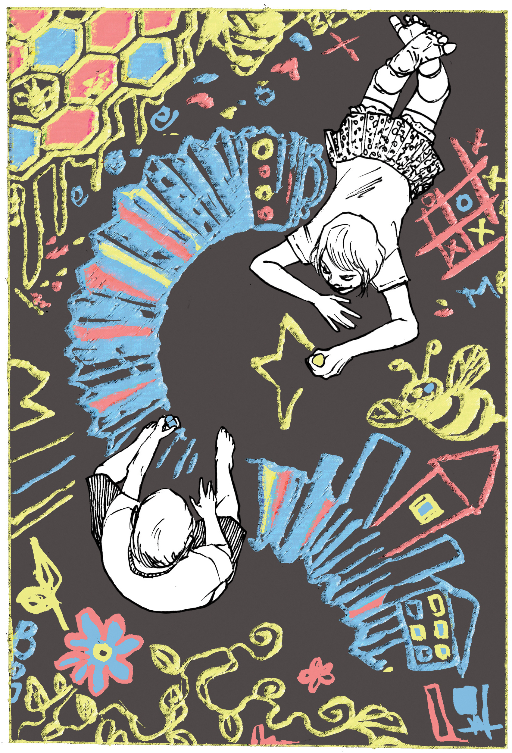 An illustration by Weshoyot Alvitre of two children playing with chalk