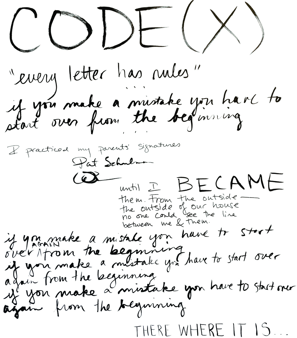 A handwritten note on a white background. The note begins "CODE(X) 'every letter has rules'"