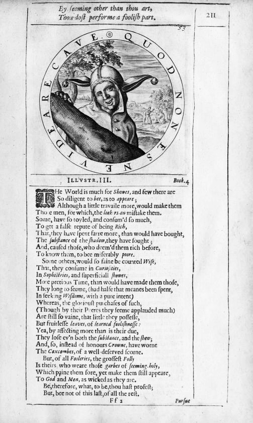 A page from George Wither's A Collection of Emblems that shows the head of a leering jester.