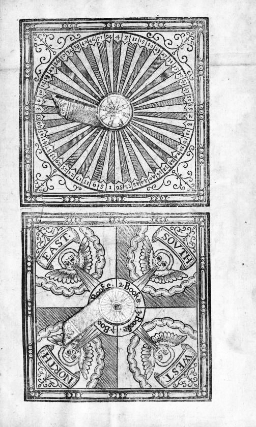A page from George Wither's A Collection of Emblems that shows two mechanized square panels with a spinning pointer in the center.
