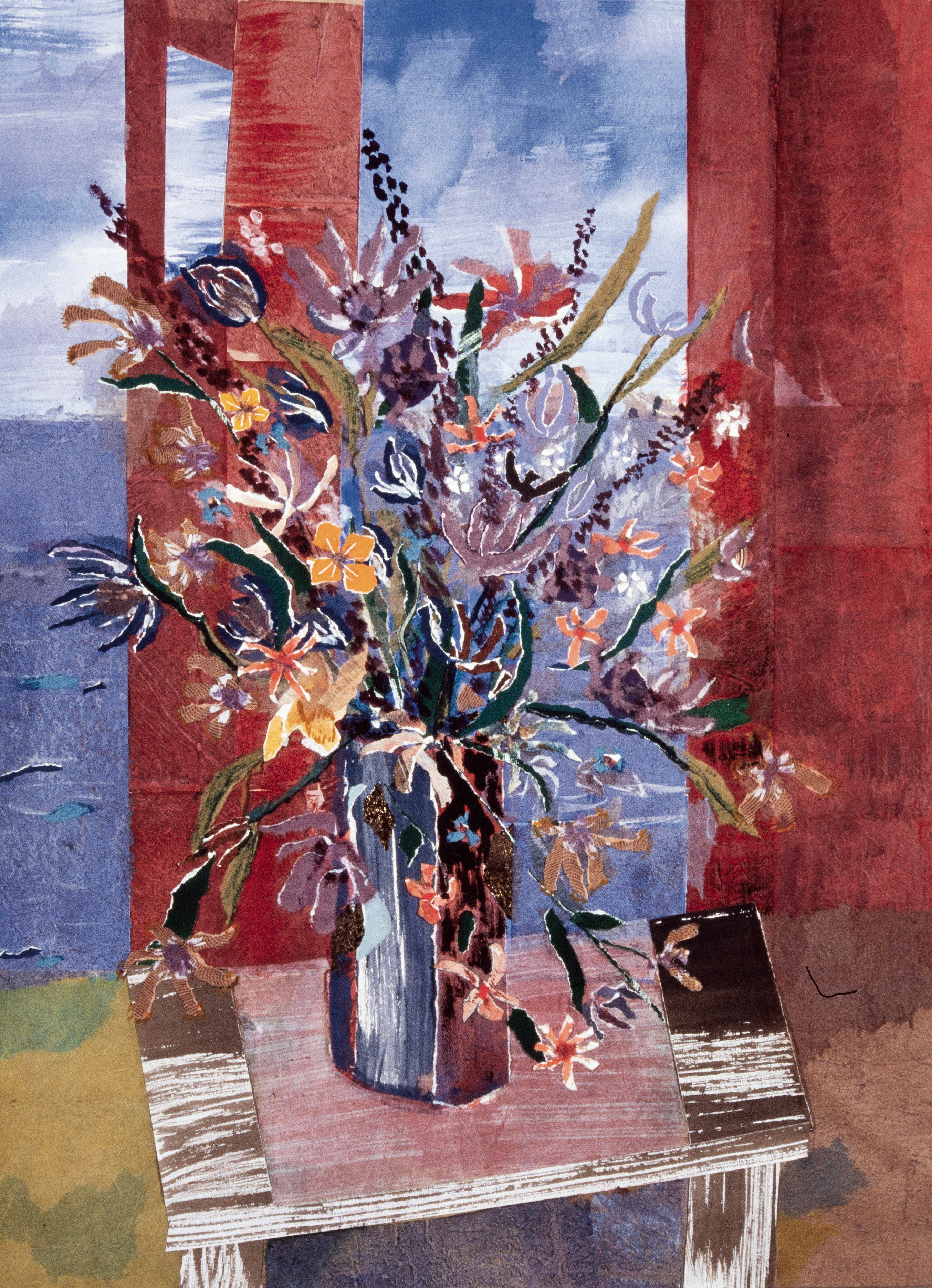 Flowers, Table at Window, collage with watercolor, 1980s.