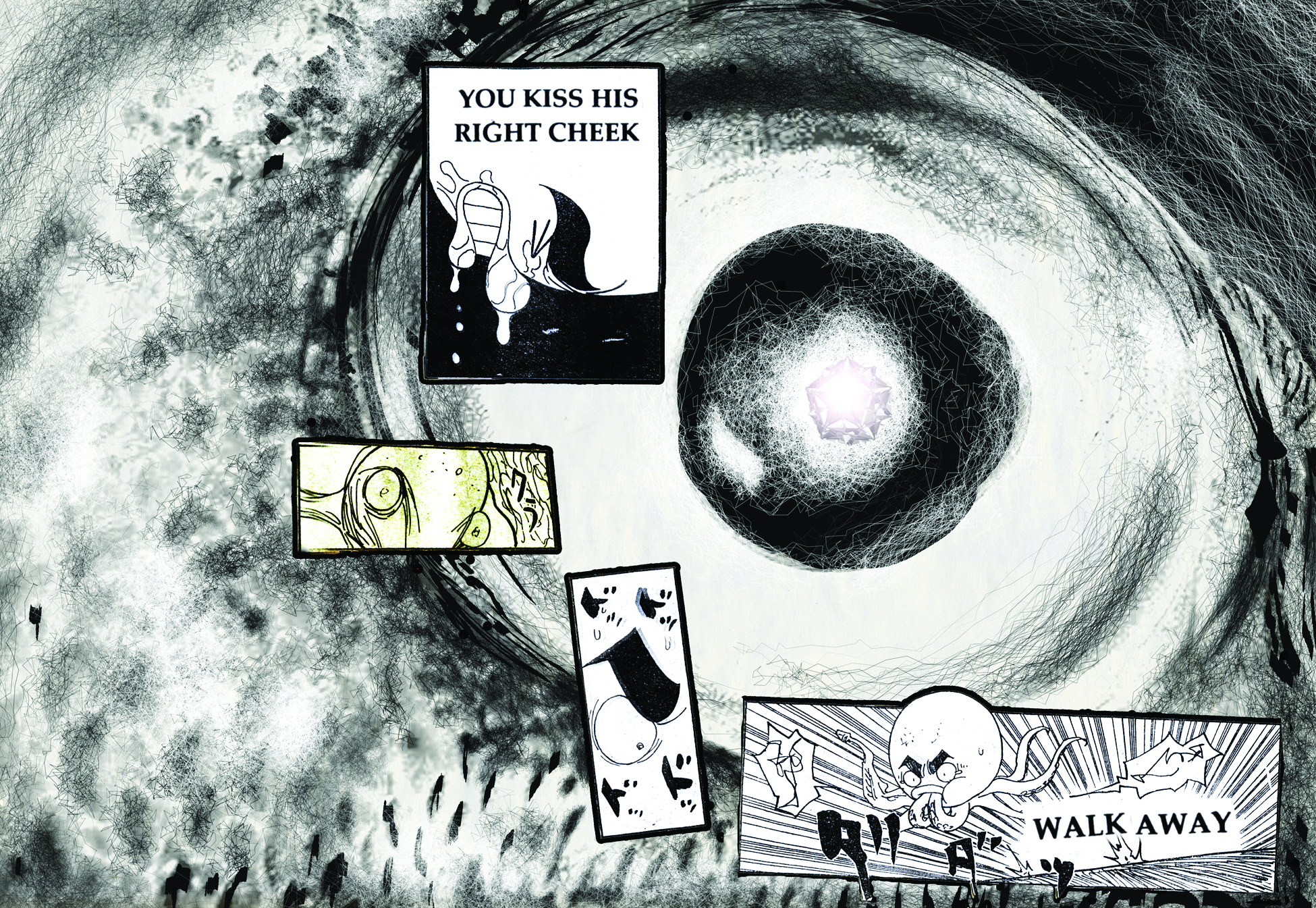 An image of a visual poem by Paolo Javier with illustrations by Alex Tarampi. The text reads "YOU KISS HIS RIGHT CHEEK," "WALK AWAY."