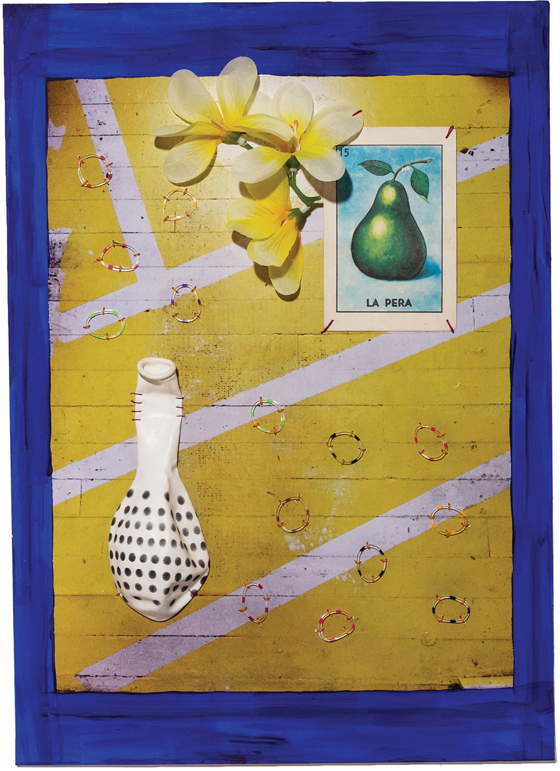 A collage of a deflated balloon, fake flower blooms, a drawing of a pear, and several bracelets.