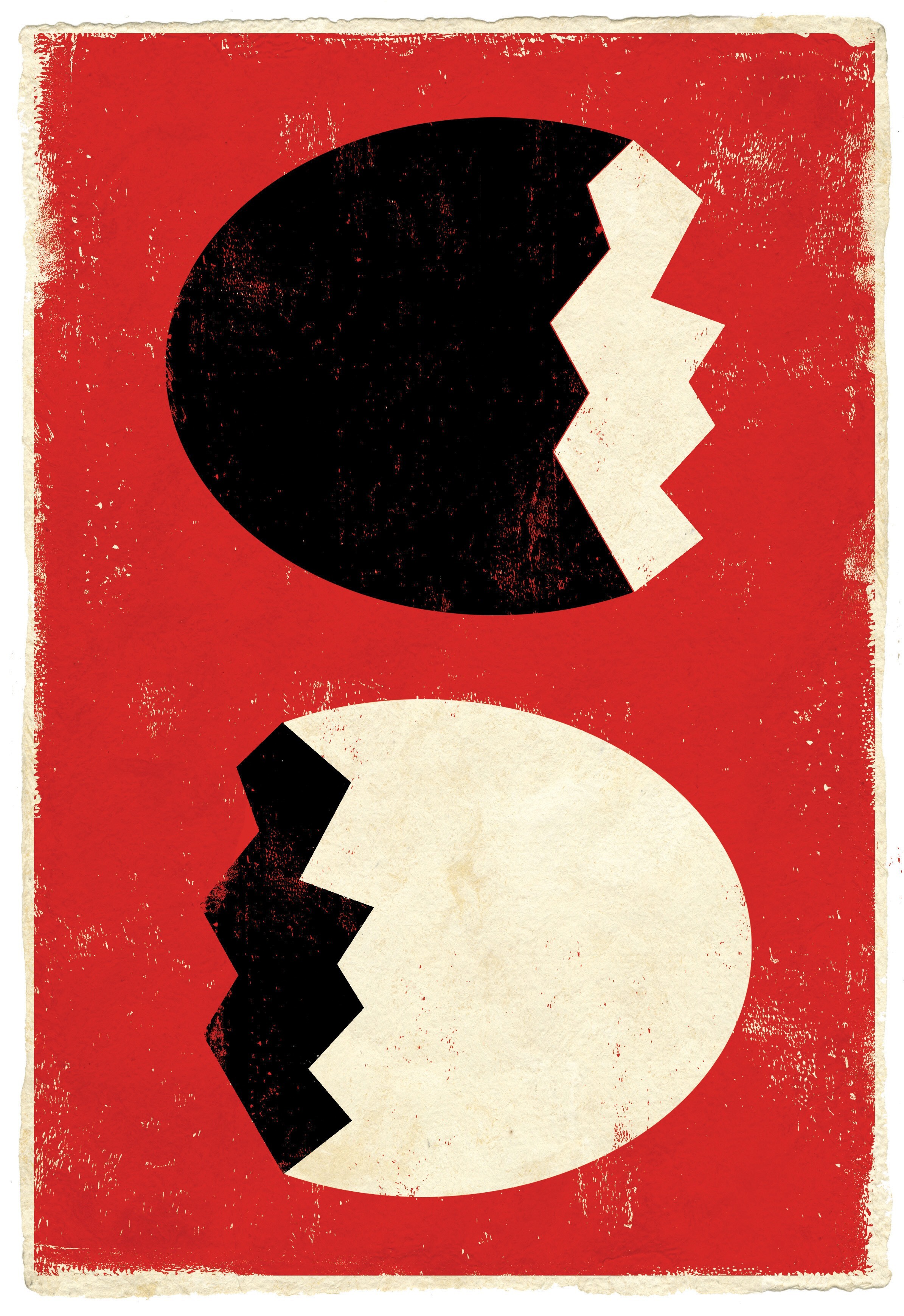 An illustration by Edel Rodriguez of two broken eggs on a distressed red background.