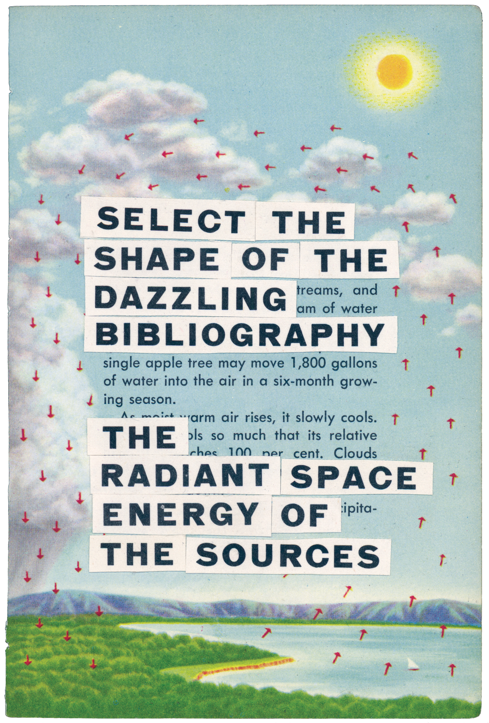 A collage. Cut-out text is on top of a textbook illustrated diagram demonstrating the water cycle. The text says: "SELECT THE / SHAPE OF THE / DAZZLING / BIBLIOGRAPHY // THE / RADIANT SPACE / ENERGY OF / THE SOURCES"