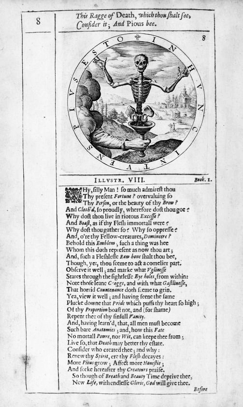 A page from George Wither's A Collection of Emblems that shows an animate skeleton emerging from a funnel held by a hand.