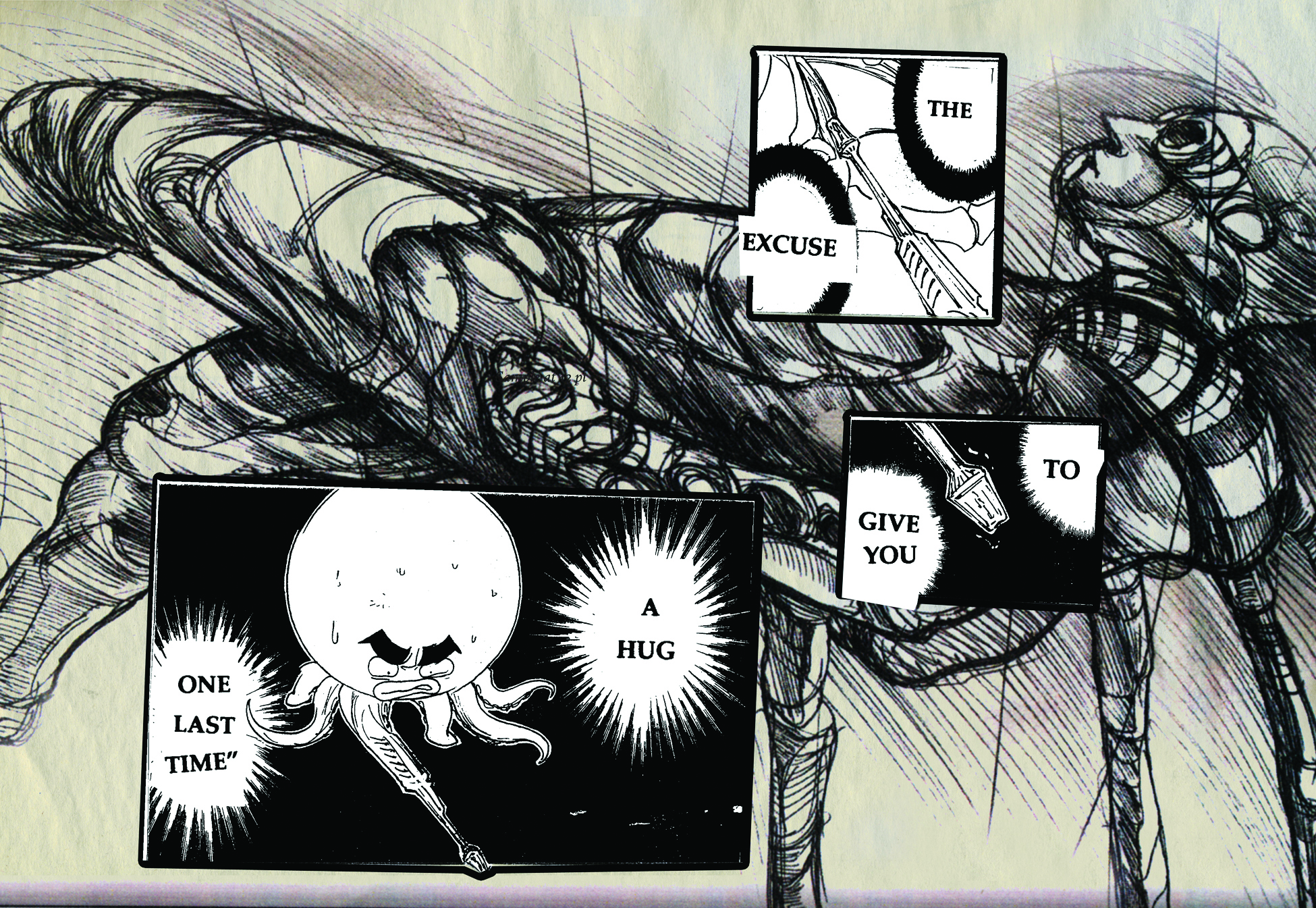 An image of a visual poem by Paolo Javier with illustrations by Alex Tarampi. The text reads "One Last Time," "A hug," "Excuse," "The," "Give You," "To"