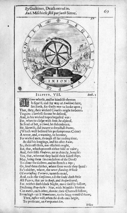 A page from George Wither's A Collection of Emblems that shows a man's body bent over a large wooden wheel.