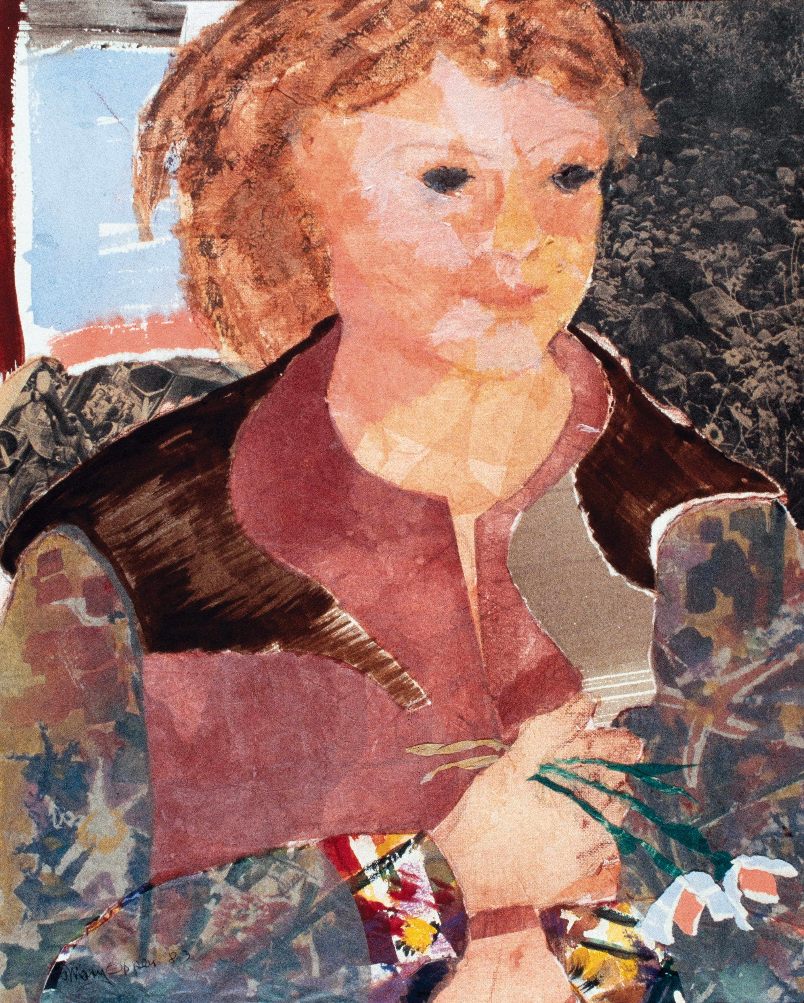 Smiling Woman with Flowers</em>, tissue collage with watercolor, 1970s.