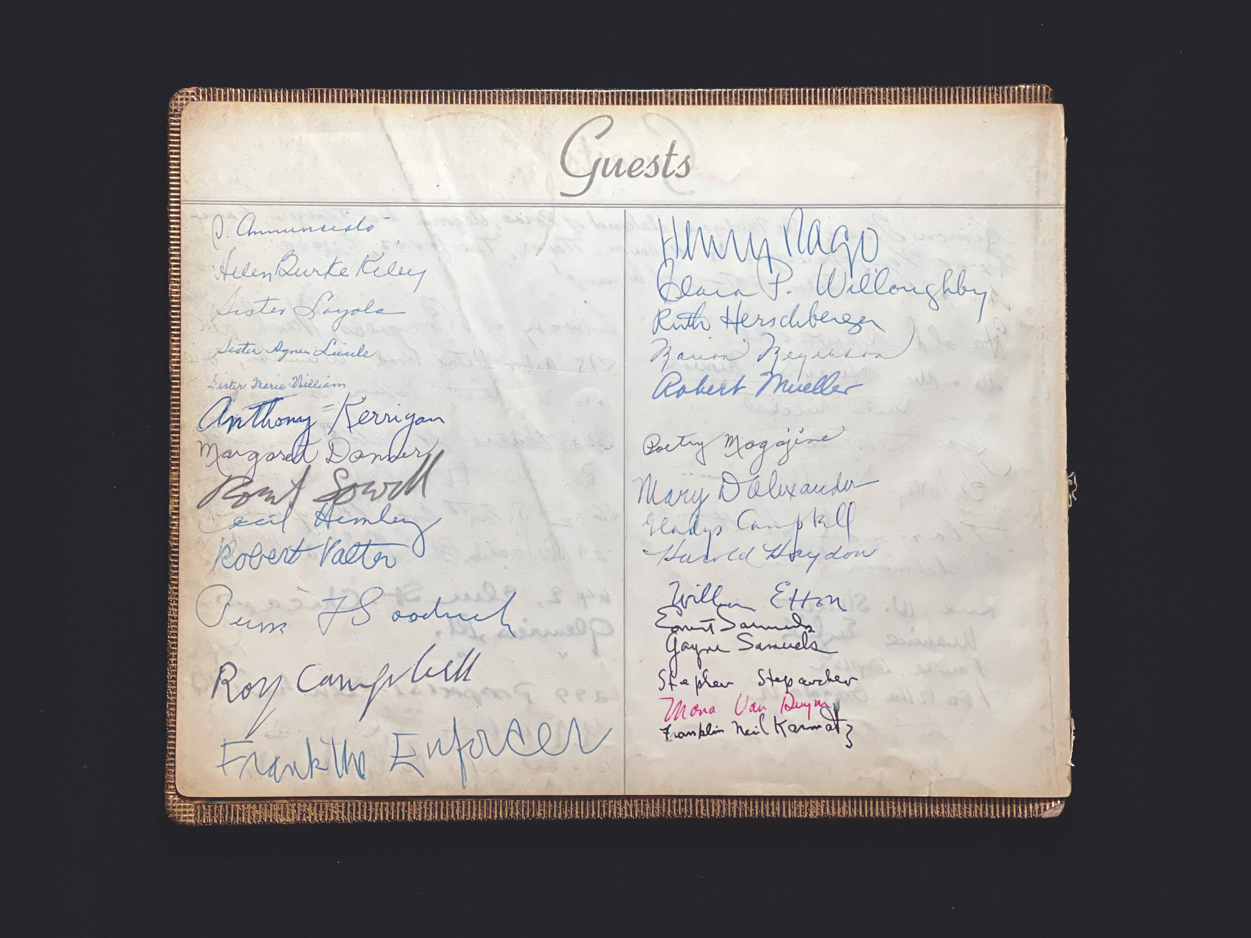 A faded paper of a guest list for the Poetry's offices.