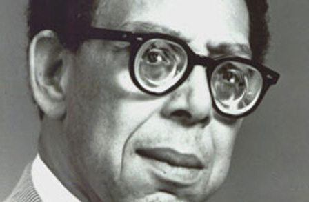 Cropped portrait of the poet Robert Hayden, in black and white.
