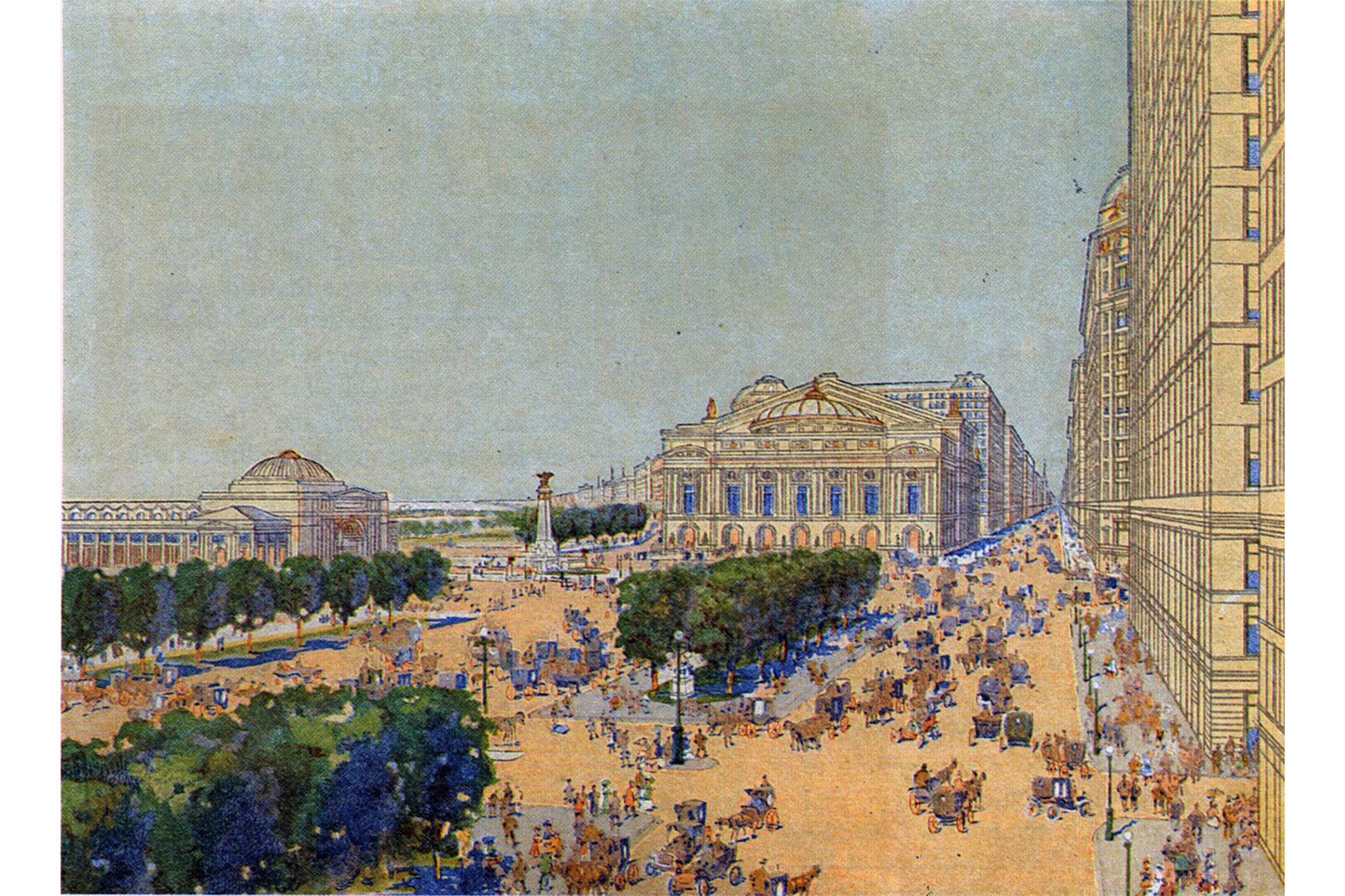Postcard featuring an early twentieth century Chicago street scene