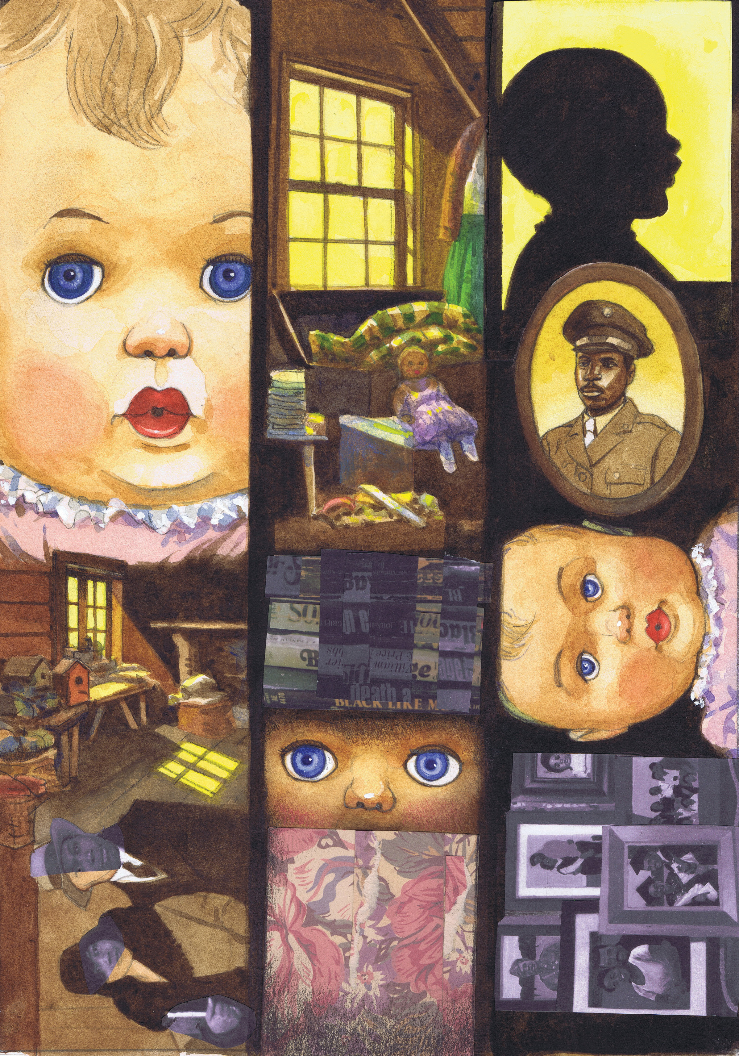 Illustration of a baby doll face and an attic scene