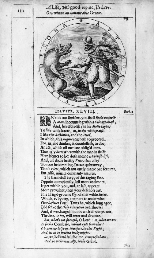 A page from George Wither's A Collection of Emblems that shows a man impaling a boar reared on its haunches.