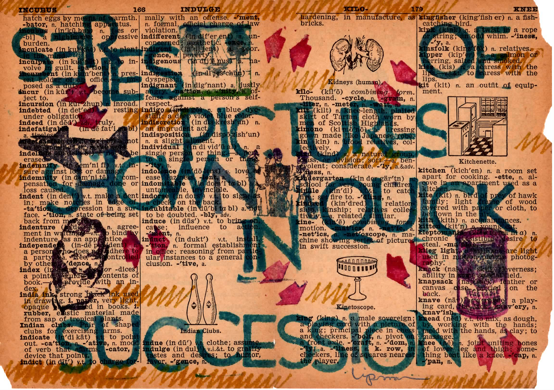 Pages of a dictionary with the words "SERIES OF / PICTURES / SHOWN IN QUICK / SUCCESSION" written over them