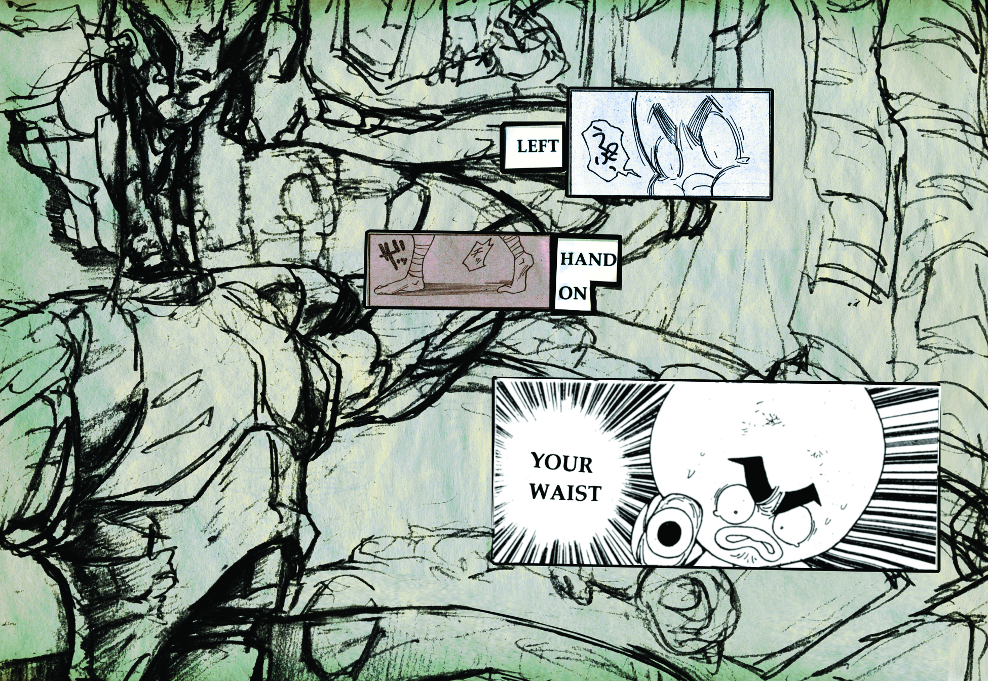 An image of a visual poem by Paolo Javier with illustrations by Alex Tarampi. The text reads "LEFT," "HAND ON," "YOUR WAIST."