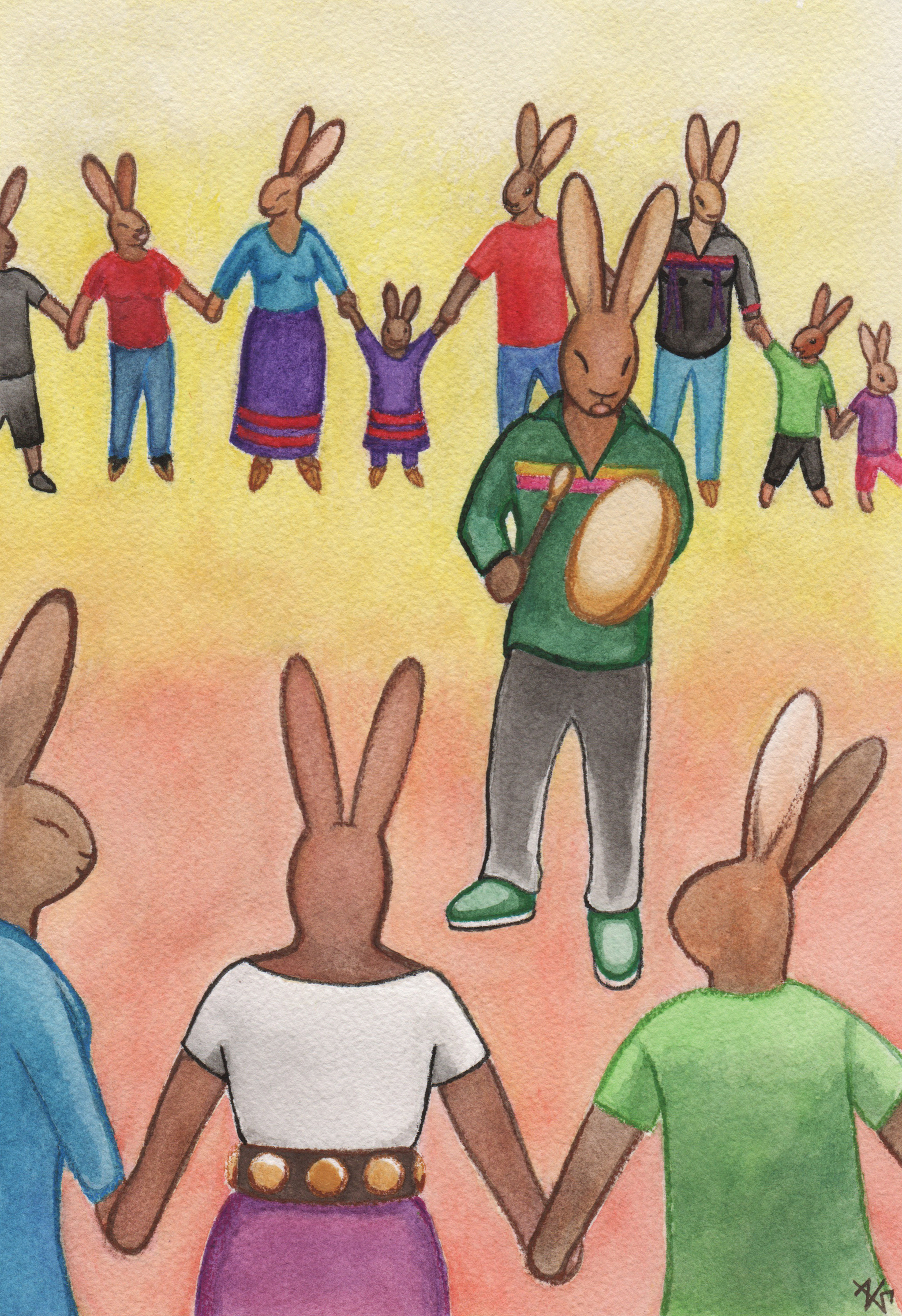 Illustration by Neebinnaukzhik Southall of brown rabbits in clothes in a circle around a bunny in the middle drumming