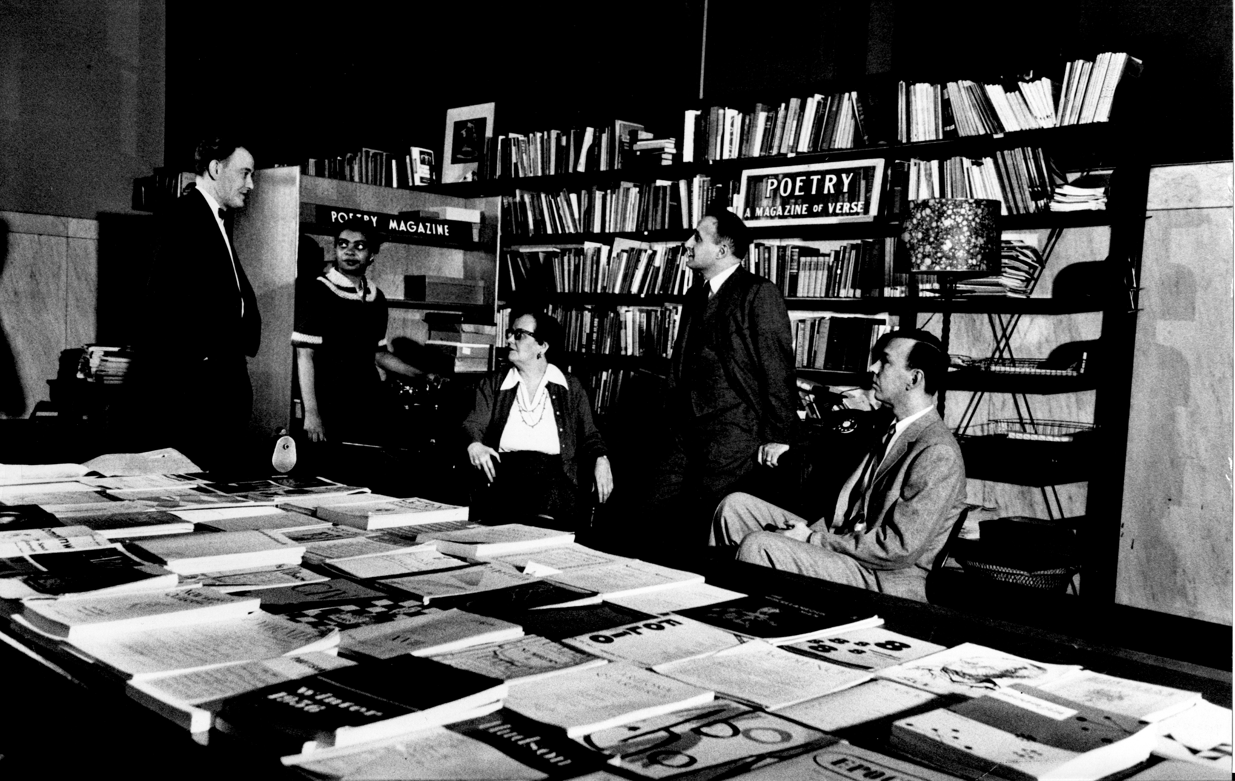 The Poetry staff at their office in the Newberry Library, 1956: Robert Mueller, Margaret Danner, Elizabeth Wright, Henry Rago, and Frederick Bock.