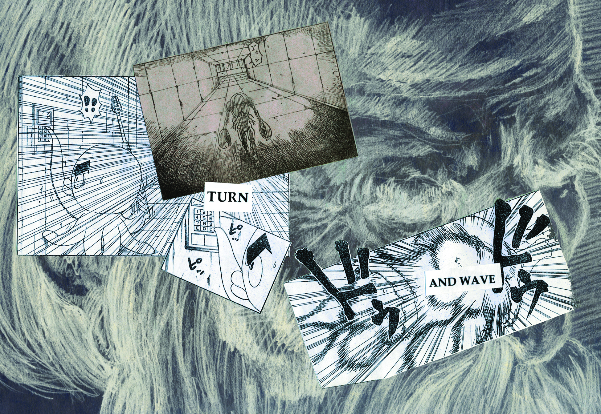 An image of a visual poem by Paolo Javier with illustrations by Alex Tarampi. The text reads "TURN" and "AND WAVE."