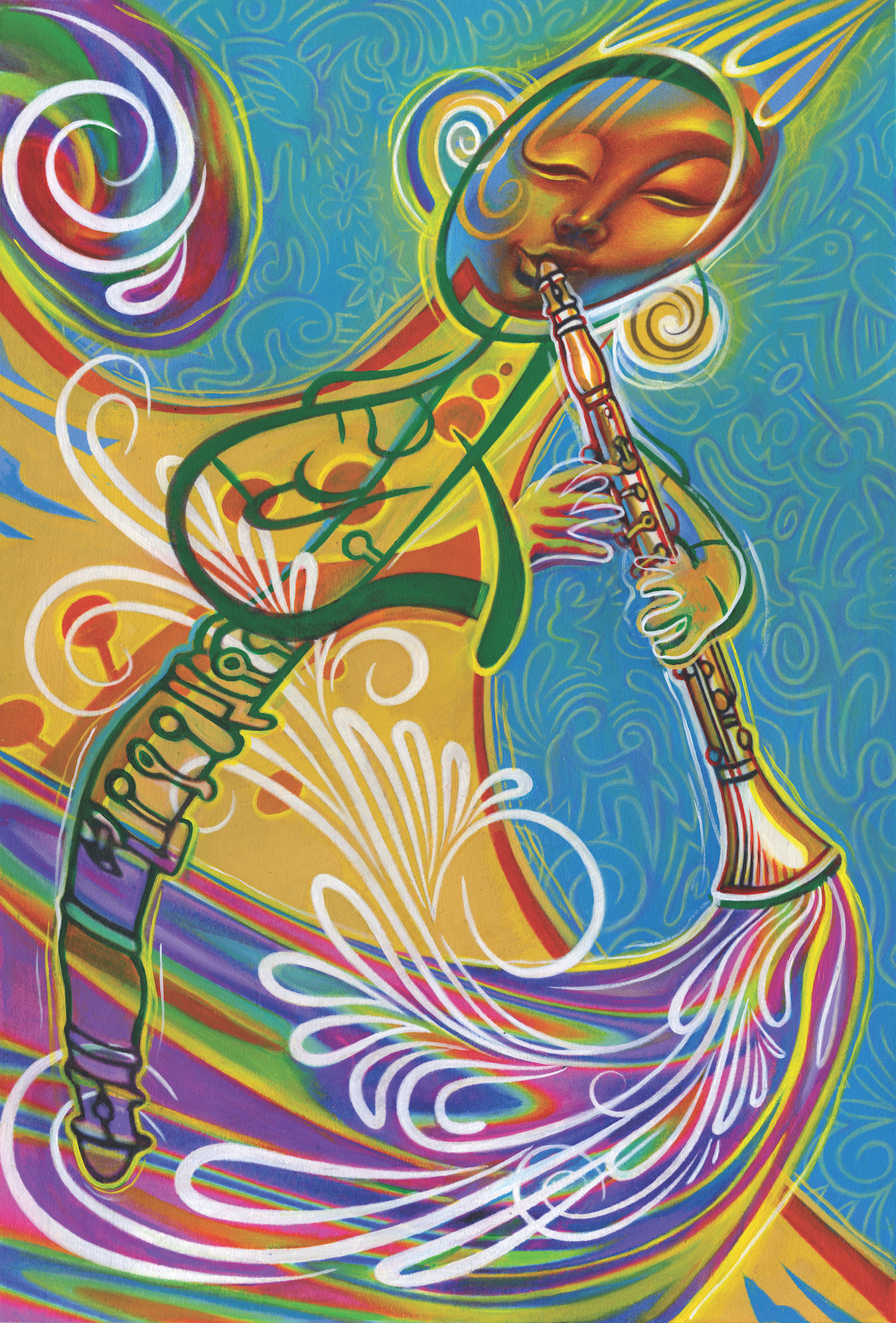 A cartoon illustration of Buddha's face playing a clarinet in a turquoise background