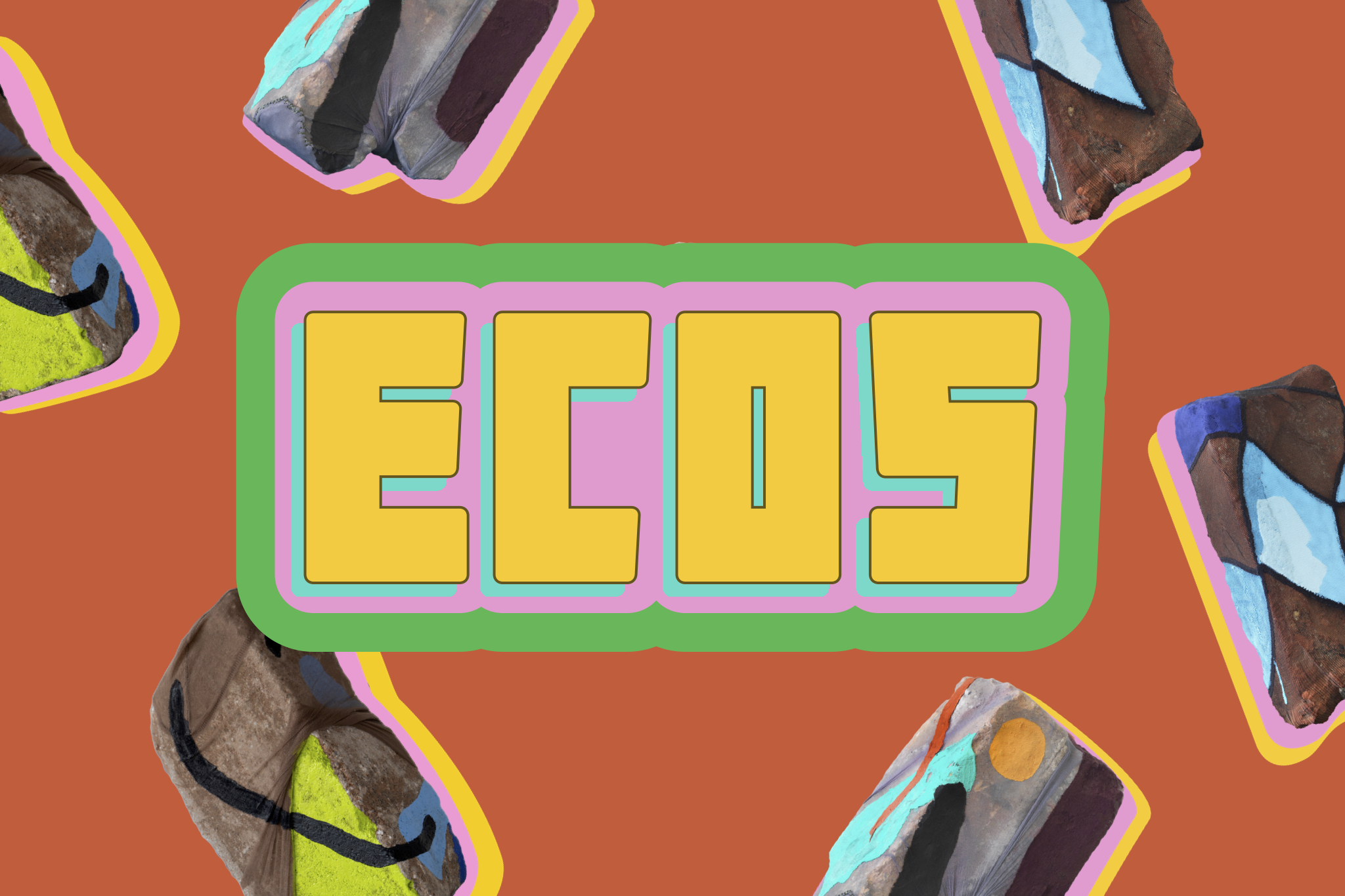 Colorful graphic with letters ECOS surrounded by blue, pink, and green. Colorful bricks float around the letters.