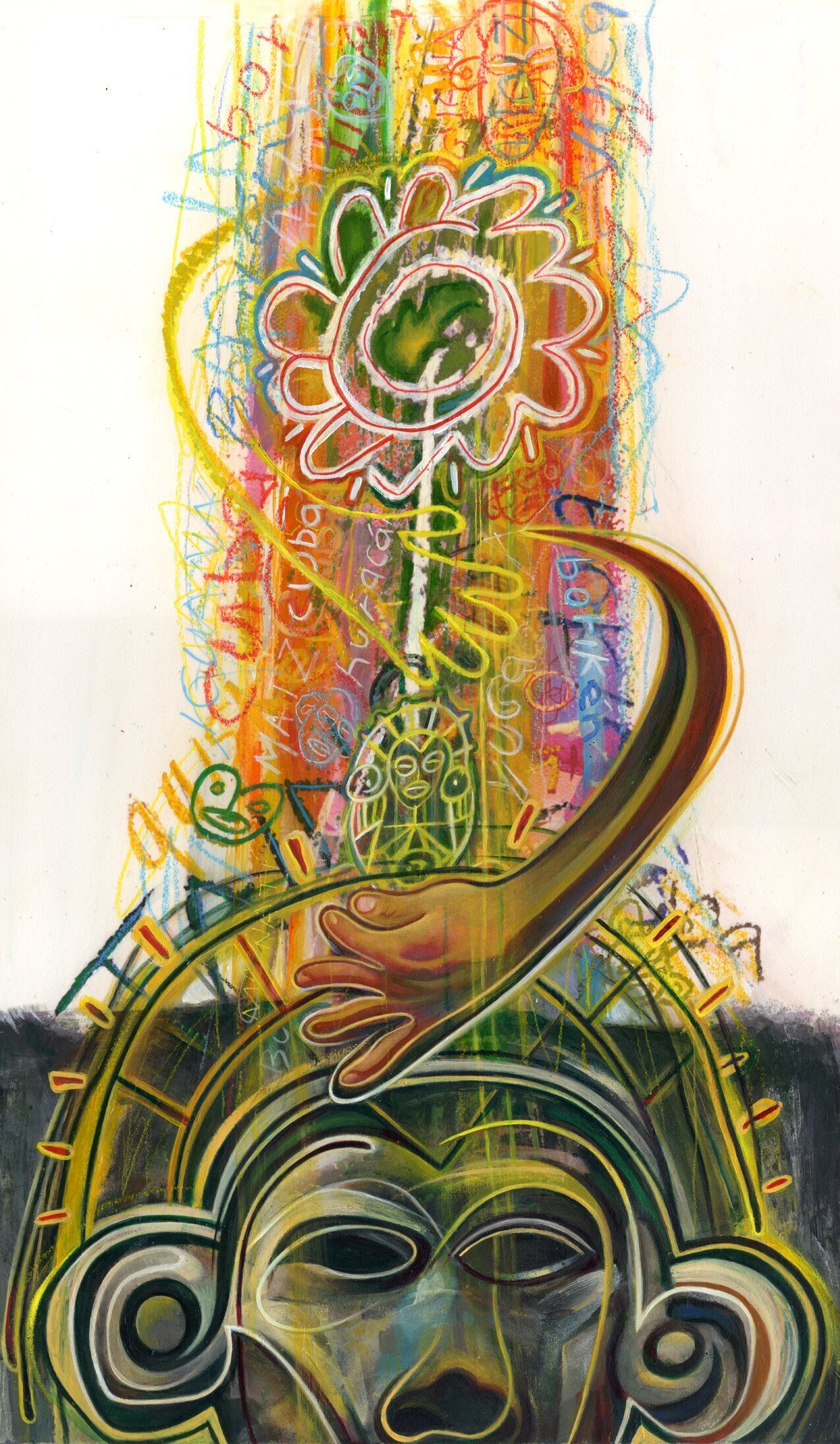 Colorful and vibrant drawing of an ancient-style mask with a stream of words coming out of the top of it and hands reaching down to toward the head.
