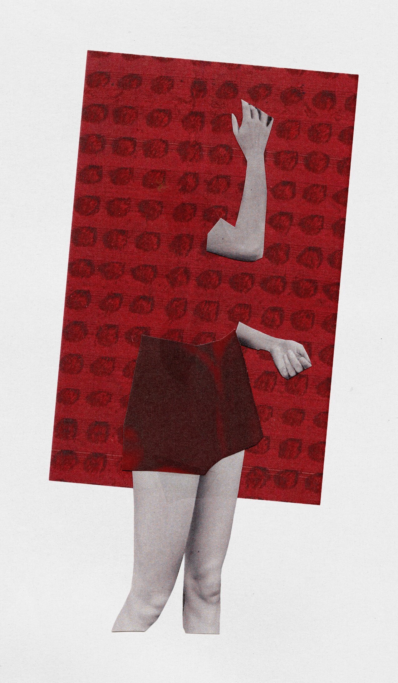 Collage of a rectangular, red, patterned shape with two arms and legs coming out of it and wearing a skirt.